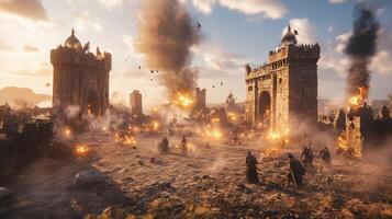 A dramatic medieval battleground at sunset with flames and warriors. photo
