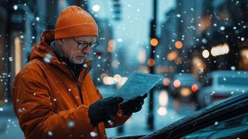A man in an orange hat reading a document in a snowy urban setting. photo