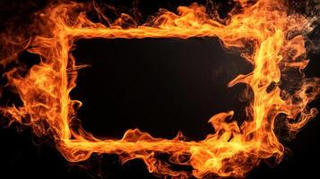 A fiery frame composed of vibrant, swirling flames against a dark backdrop. photo