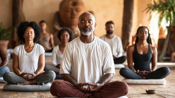 A diverse group of individuals meditating peacefully in a serene setting. photo