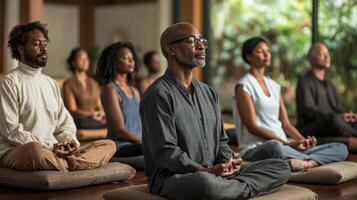 A diverse group practicing meditation in a serene indoor environment. photo