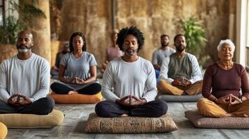 A diverse group practicing meditation in a tranquil indoor space. photo