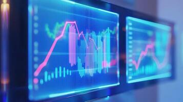 Futuristic screens displaying colorful financial graphs and data. photo