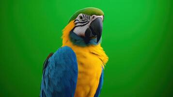 A vibrant blue and yellow parrot standing against a green backdrop. photo