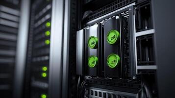 Close up of server hardware with cooling fans in a modern data center. photo