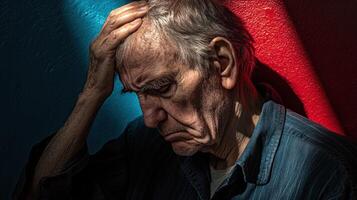 An elderly man in deep thought, illuminated by contrasting light. photo