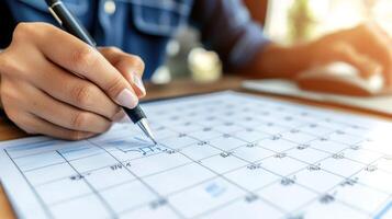 A hand writing on a calendar, signifying planning and organization. photo