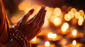 Serene hands in prayer amidst glowing candles, evoking tranquility. photo
