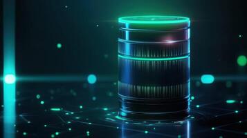 A glowing metallic barrel with a futuristic digital background. photo