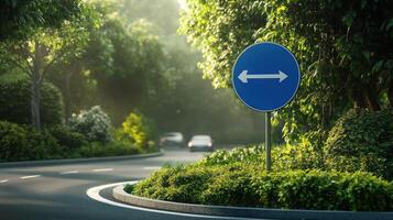 A serene road curves around lush greenery under bright sunlight. photo