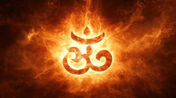 A vibrant symbol surrounded by fiery orange and glowing energy. photo