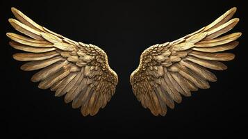 A pair of ornate golden wings against a dark background. photo
