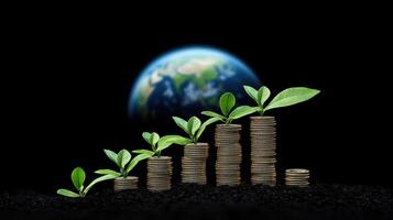 Coins stacked with growing plants against a blurred earth backdrop. photo