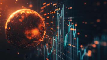 An abstract digital depiction of a globe intertwined with finance data. photo
