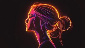 A vibrant neon silhouette of a womans profile against a dark background. photo