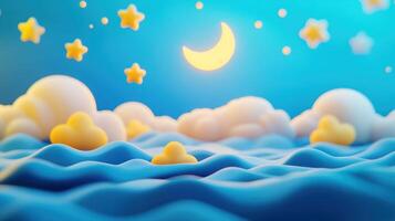 A dreamy night scene featuring waves, clouds, a crescent moon, and stars. photo