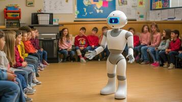 A friendly robot interacting with children in a vibrant classroom setting. photo