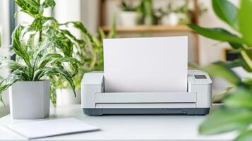 A modern printer surrounded by greenery in a bright office setting. photo