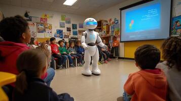 A friendly robot engaging with children in a colorful classroom setting. photo
