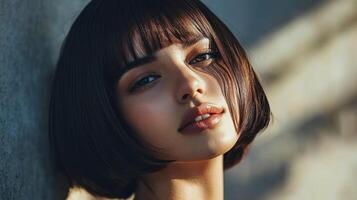 A captivating portrait of a young woman with elegant features and soft light. photo
