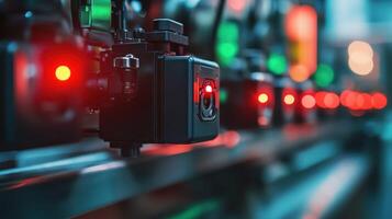 Close up of cameras with glowing red lights in a modern setting. photo