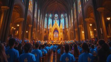A vibrant choir gathering in a grand cathedral with colorful stained glass. photo