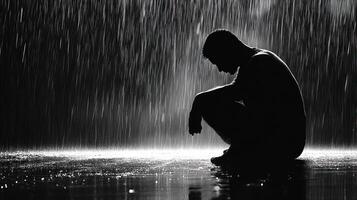 A silhouette of a person seated in the rain, evoking deep emotion. photo