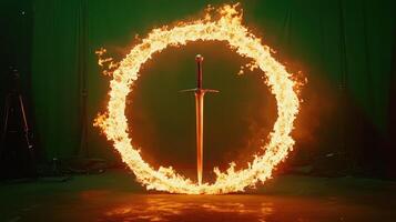 A sword surrounded by a fiery circle, creating an epic atmosphere. photo