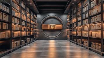 A sleek, modern vault with golden boxes in an elegant, secure space. photo