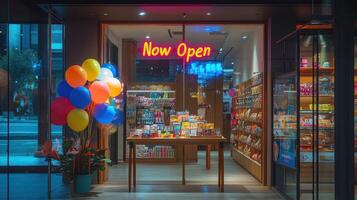 A vibrant storefront with colorful decor and snacks, inviting shoppers in. photo