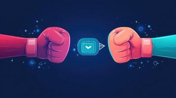 A playful illustration of colorful fists confronting over a message icon. photo