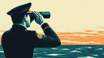 A military officer looks through binoculars over the ocean at sunset. photo