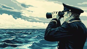 A navy officer surveys the ocean with binoculars against a dramatic sky. photo