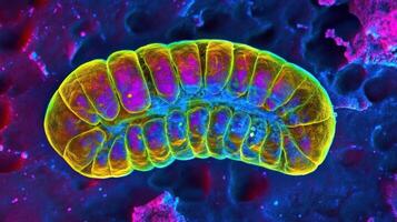 A vibrant microscopic view of mitochondria showcasing energy production. photo