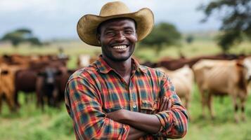 A smiling farmer in a checkered shirt stands amidst grazing cattle. photo
