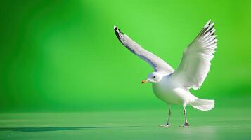 A seagull with wings spread against a vibrant green background. photo