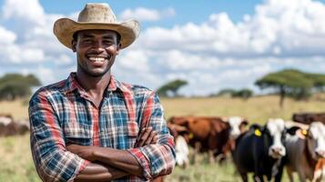 A smiling farmer stands proudly among grazing cattle in a sunny field. photo