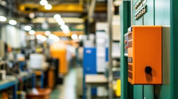 Industrial workspace featuring machinery with a focus on an orange control panel. photo