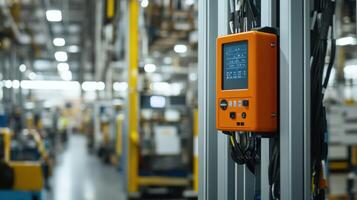 A vibrant orange control panel in a busy industrial setting. photo