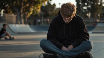 A young boy sits in contemplation at a skate park. photo