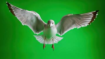 A seagull in flight against a vibrant green background. photo