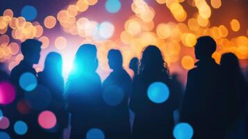 Silhouettes of people against a colorful bokeh backdrop. photo