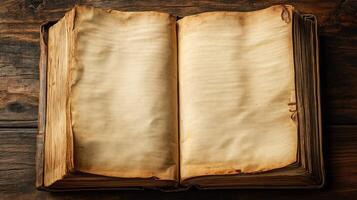 An open vintage book with blank pages resting on a wooden surface. photo