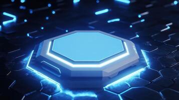 Futuristic hexagonal platform glowing in a digital blue atmosphere. photo