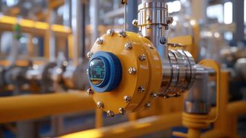 Close up of a yellow industrial flow gauge in a modern factory. photo
