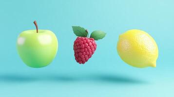 Three colorful fruits float against a bright blue background. photo
