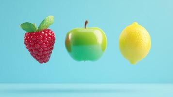 Three colorful fruits floating against a bright blue background. photo