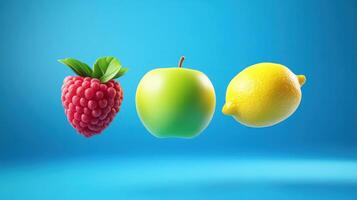 Vibrant floating fruits including raspberry, apple, and lemon. photo