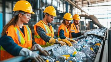 Workers efficiently sorting plastic for recycling in a vibrant factory. photo