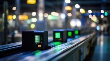 A modern conveyor system featuring digital displays in an industrial setting. photo